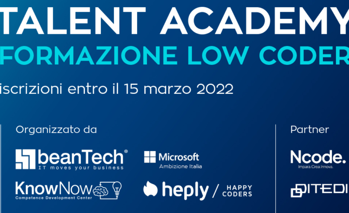 formazione low coder iscrizioni entro il 15 marzo. Collaborazione tra beanTech e heply con il supporto di ncode e ditedi